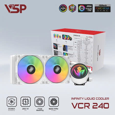 Tản nhiệt nước VSP VCR-240 White FV (PWM 4 Pin, 12V 3Pin ARGBLGA115X/ 1200 / 1700 / 1366 – LGA2011 / 2066/FM2 / FM2+ / AM3 / AM3+ / AM4 / AM5)