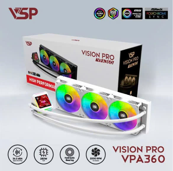 Tản nhiệt nước VSP VPA360 White 3FAN FV (397*120*27 (mm) LGA115X/ 1200 / 1700 / 1366 – LGA2011 / 2066 / AMD FM2 / FM2+ / AM3 / AM3+ / AM4 / AM5)