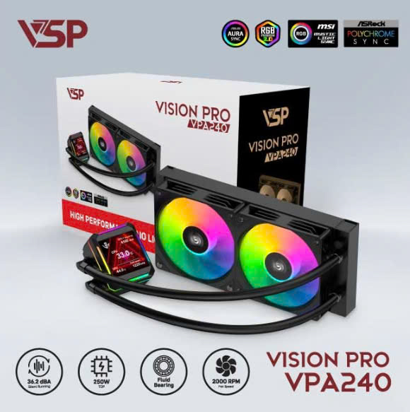 Tản nhiệt nước VSP VSP VPA240 Black 2FAN FV (120*120*25 (mm) LGA115X/ 1200 / 1700 / 1366 – LGA2011 / 2066 / AMD FM2 / FM2+ / AM3 / AM3+ / AM4 / AM5)