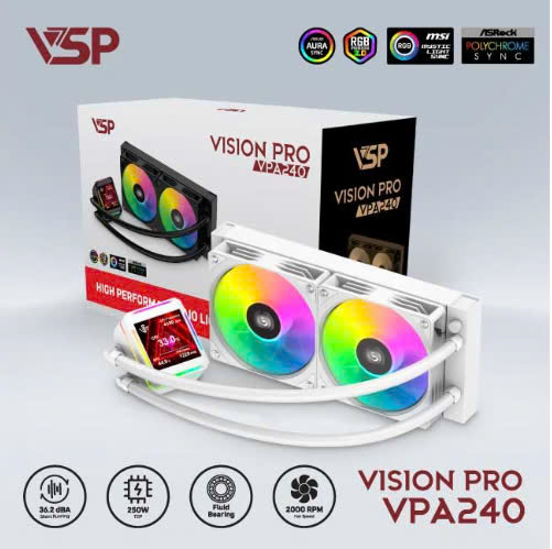 Tản nhiệt nước VSP VSP VPA240 White 2FAN FV (120*120*25 (mm) LGA115X/ 1200 / 1700 / 1366 – LGA2011 / 2066 / AMD FM2 / FM2+ / AM3 / AM3+ / AM4 / AM5)