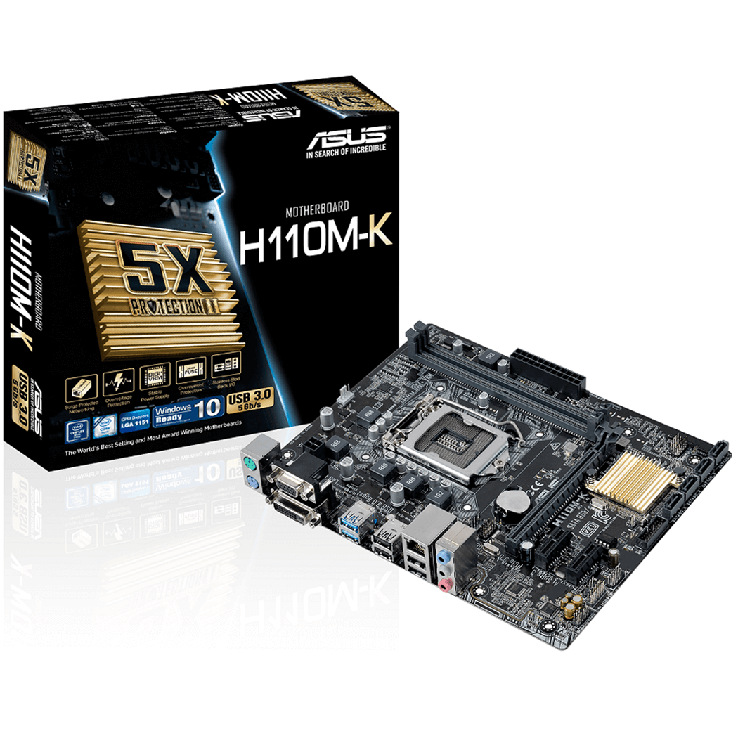 Mainboard SK 1151v1 ASUS H110M-K Chính hãng FV (VGA, DVI 24+1, LAN 1000Mbps, 2 khe RAM DDR4, mATX)